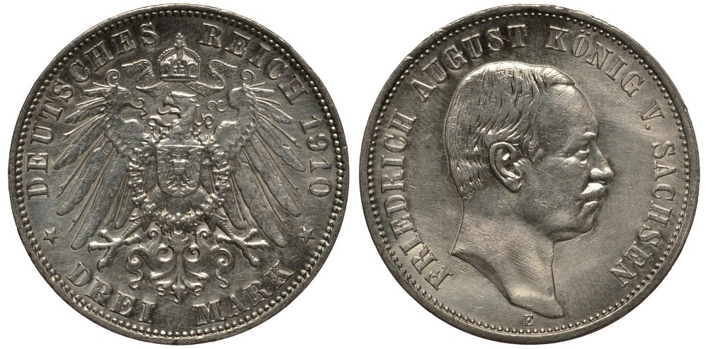 Саксония 3 марки 1910 E, Фридрих Август III (1904-1918) Weege 132, J. 135, KM 1267 серебро 3711-1332