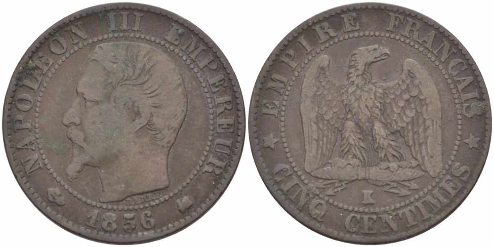 ФРАНЦИЯ 5 САНТИМОВ 1856 K, НАПОЛЕОН III (1852-1870) KM 777.5, LE FRANC 116.34 бронза 108-415