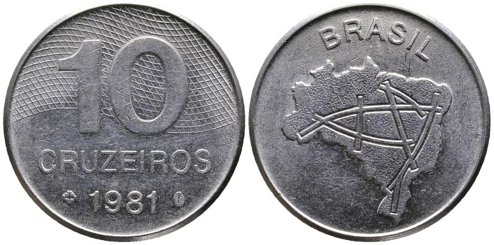 Бразилия 10 крузейро 1981 карта Бразилии KM 592.1 нержавеющая сталь 3336-847