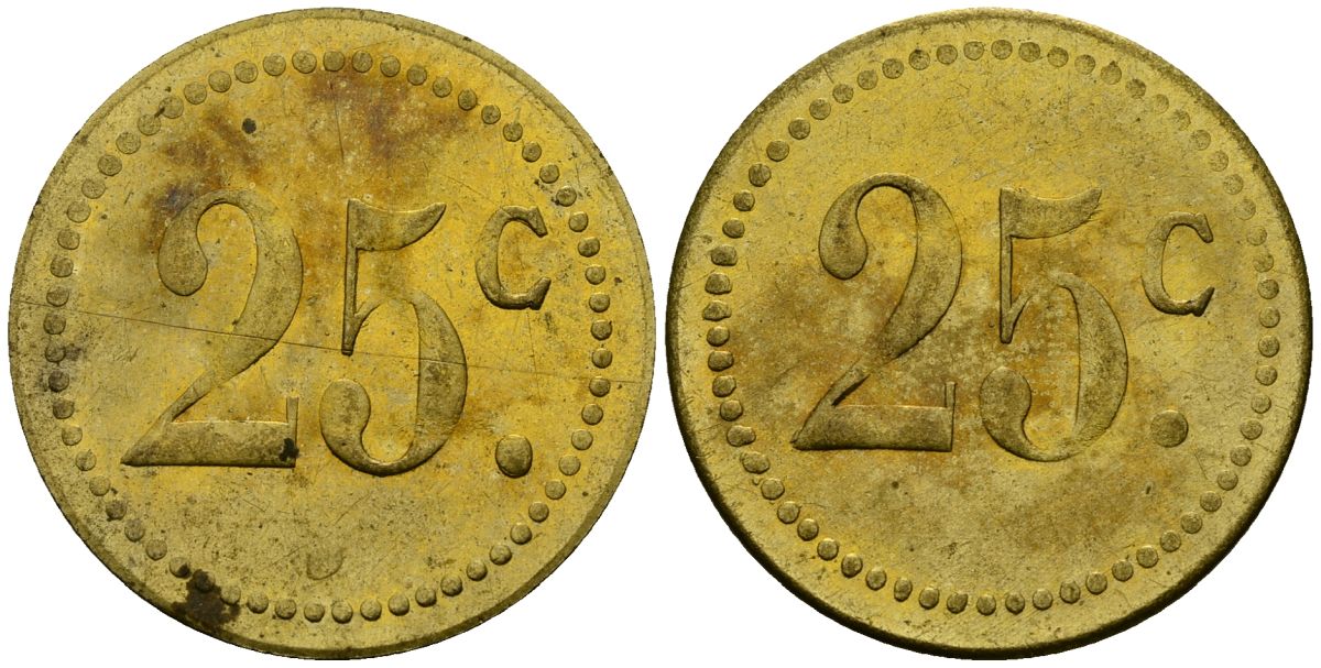 Франция 25†сантимов XIX-XX век ресторанный жетон латунь 4166-1131
