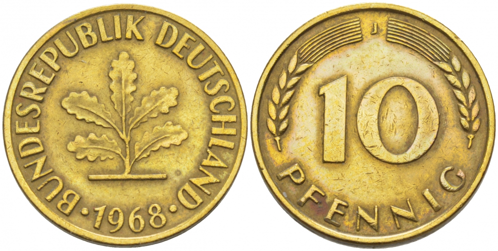 ФРГ 10 ПФЕННИГОВ 1968 J KM 108, J. 383 сталь плакированная латунью 3718-735
