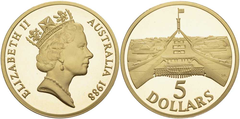 Австралия 5 долларов 1988 новое здание Парламента Австралии, в оригинальной коробке, с сертификатом, тираж 80000 экземпляров KM 102 алюминиевая бронза PROOF 7-5-1-20