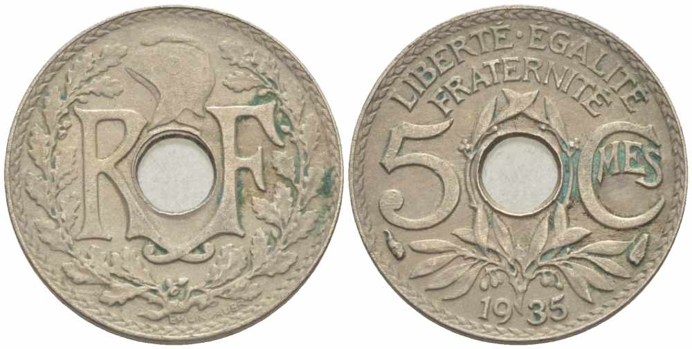 ФРАНЦИЯ 5 САНТИМОВ 1935 ТИП ЛИНДАЙЁ KM 875, LE FRANC 122.18 медно-никель 105-366