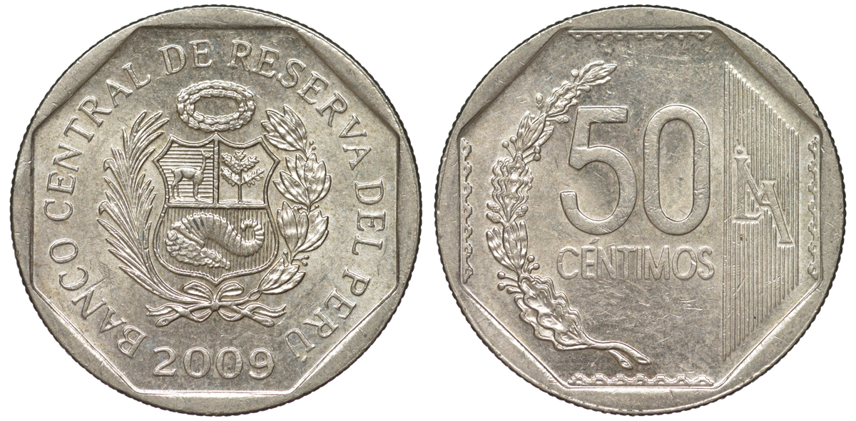 Перу 50 сентимо 2009 KM 307.4 медно-никель aUNC 4605-336