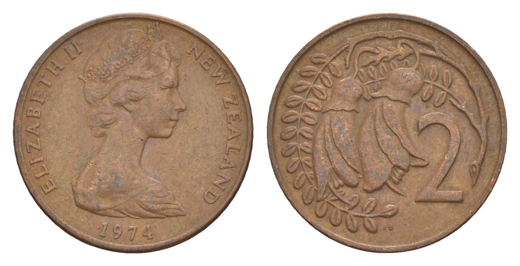 Новая Зеландия 2 цента 1974 Елизавета II (1952-2022), два цветка кохаи KM 32.1 бронза 4178-248