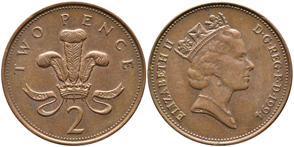 Великобритания 2 пенса 1994 Елизавета II (1952-2022) KM 936а, Spink 4386 (C4) сталь плакированная медью 28-847