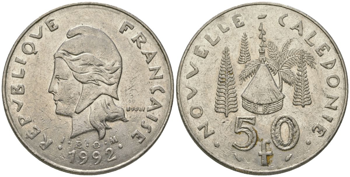 Французская Новая Каледония 50 франков 1992 хижина среди сосен и пальм, (IEOM) KM 13, Schoen 15, Lec 121 никель 111-546