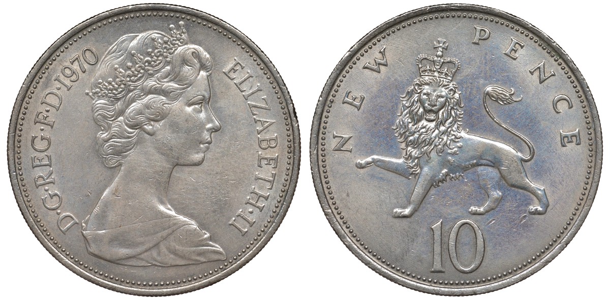 Великобритания 10 пенсов 1970 Елизавета II (1952-2022) KM 912, Spink 4231 (F1) медно-никель 4131-333