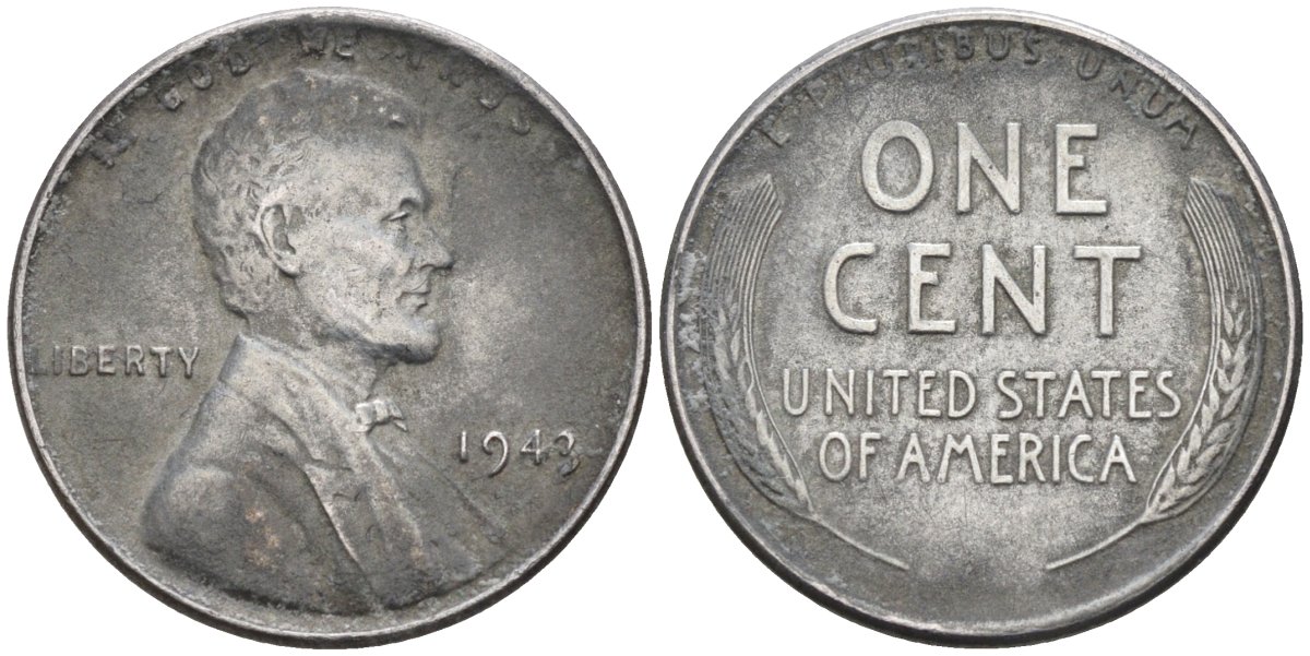 США 1 цент 1943 Авраам Линкольн KM 132 a сталь плакированная цинком 4594-323