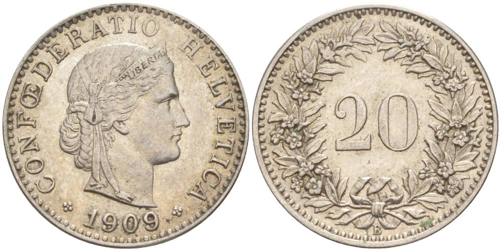 ШВЕЙЦАРИЯ 20 РАППЕНОВ 1909 В KM 29 никель 55-624