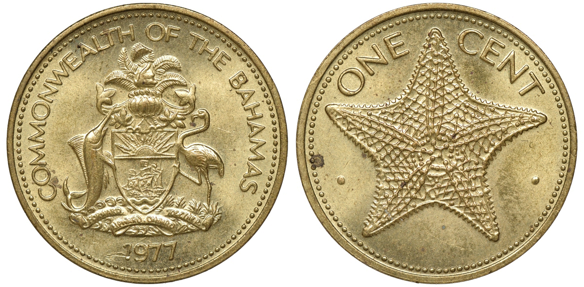 Багамские острова 1 цент 1977 морская звезда KM 59 латунь 00-00
