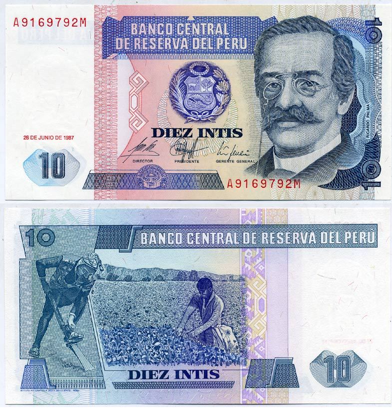 Перу 10 инти 1987 Рикардо Пальма, писатель, ученый, библиотекарь Pick 129 бумага UNC (пресс) 7484-68-3