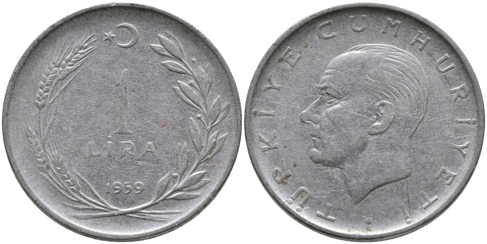 Турция 1 лира 1959 Мустафа Кемаль Ататюрк KM 889а.1 нержавеющая сталь 4541-227
