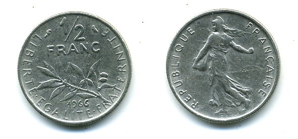ФРАНЦИЯ 1/2 ФРАНКА 1966 СЕЯТЕЛЬ KM 931.1, LE FRANC 198.5 никель 3999-757