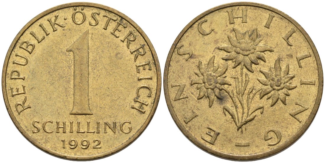 АВСТРИЯ 1 ШИЛЛИНГ 1992 КМ 2886 алюминиевая бронза 4573-314