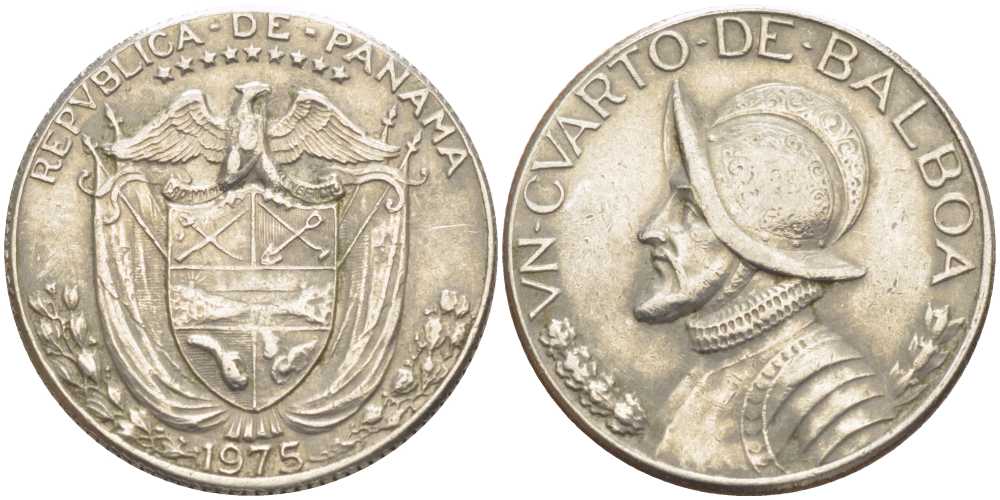 Панама 1/4 бальбоа 1975 Васко Нуньес де Бальбоа KM 11а медь плакированная медно-никелем 4393-824