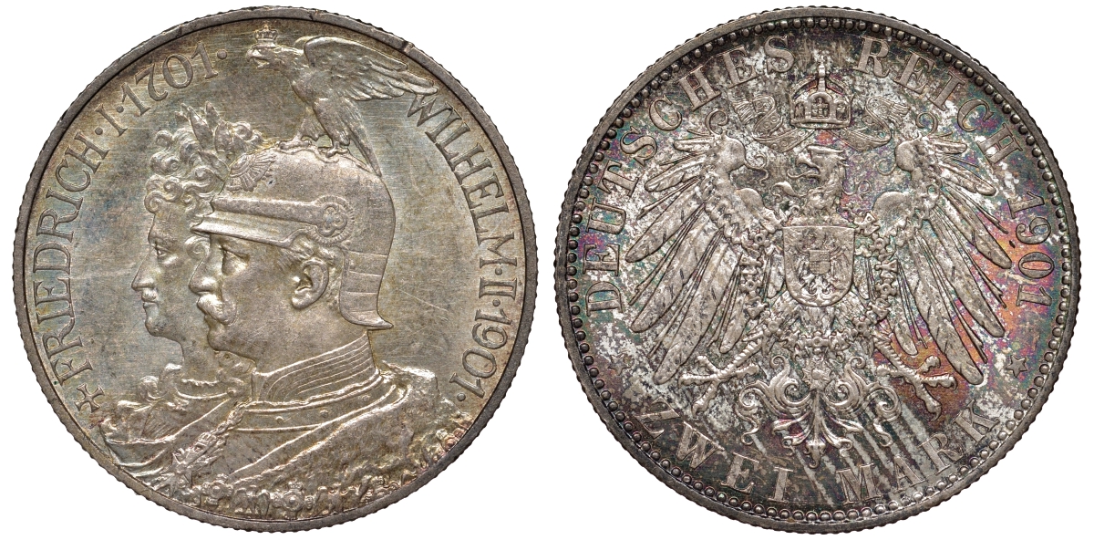 Пруссия 2 марки 1901 A, 200 лет Прусской королевской династии (Фридрих I - Вильгельм II) J.105, Weege 105, KM 525 серебро UNC 413-3824