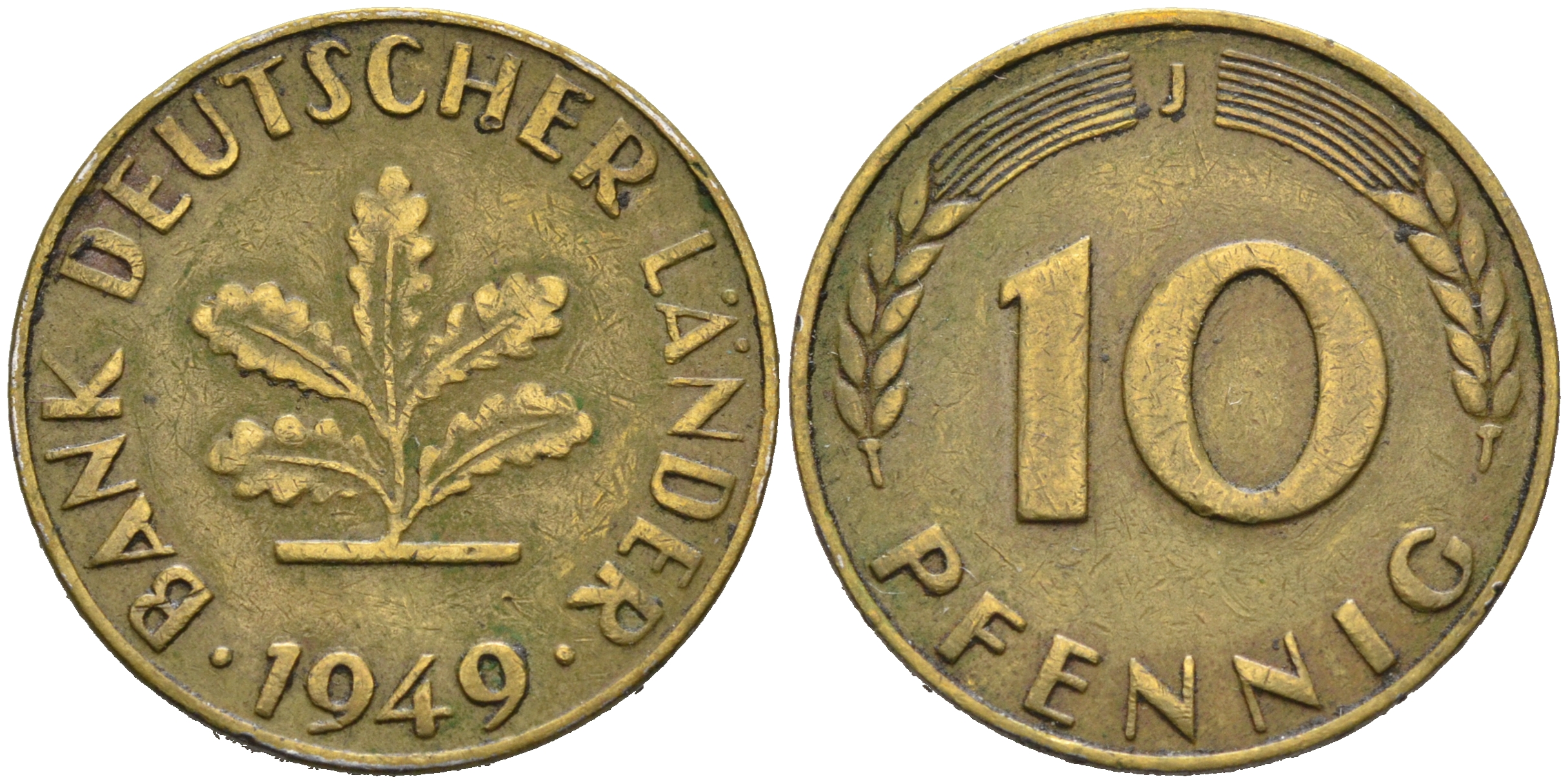 ФРГ 10 ПФЕННИГОВ 1949 J KM 103, J.378 сталь плакированная латунью 75-612