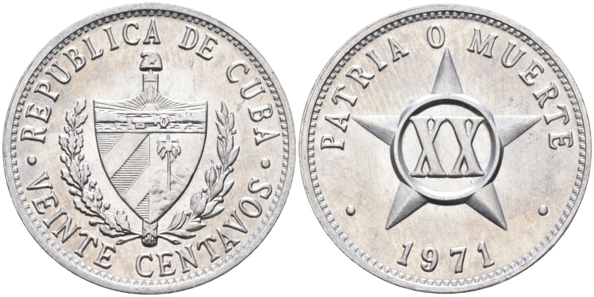 Куба 20 сентаво 1971 звезда, республика (1962-2018) KM 35 алюминий BUNC 186-436