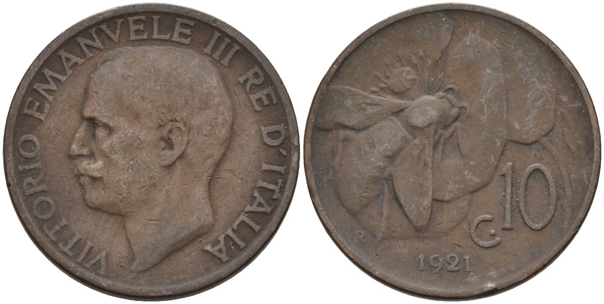Италия 10 чентезимо 1921 R, пчела, Виктор Эммануил (1900-1946) KM 60 медь 4116-1245