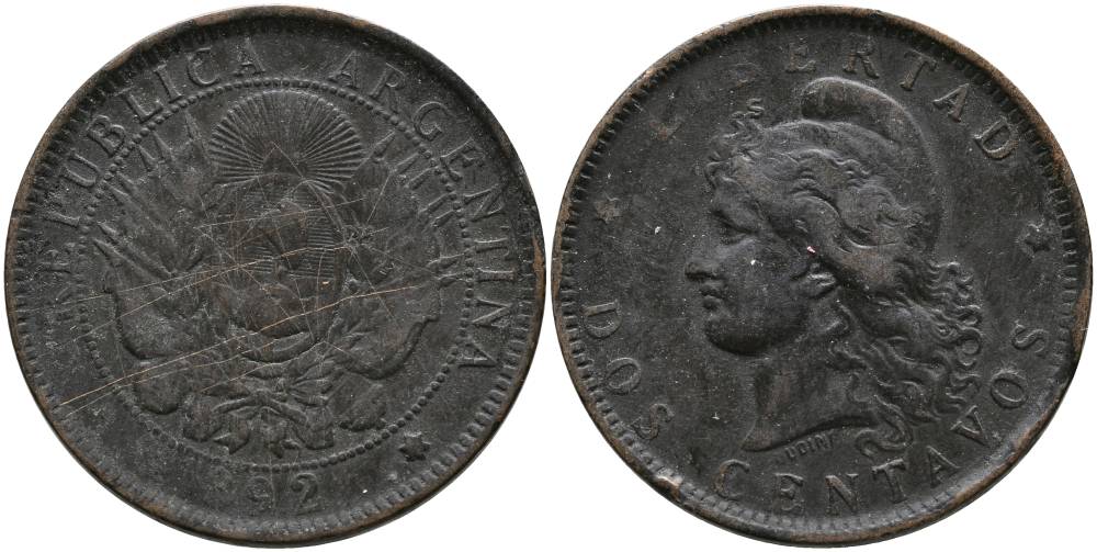 Аргентина 2 сентаво 1892 голова свободы влево KM 8 бронза 4531-1121