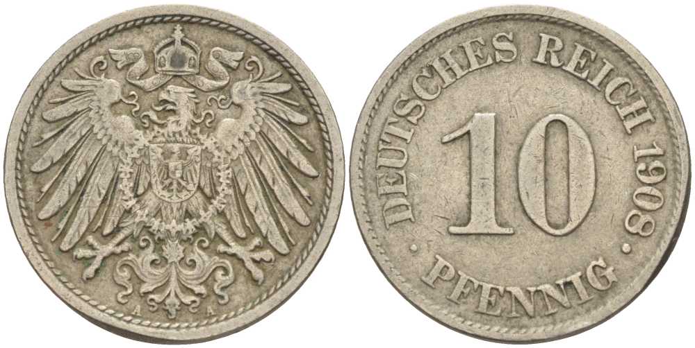ГЕРМАНИЯ 10 ПФЕННИГОВ 1908 A KM 12, J. 13 медно-никель 31-336
