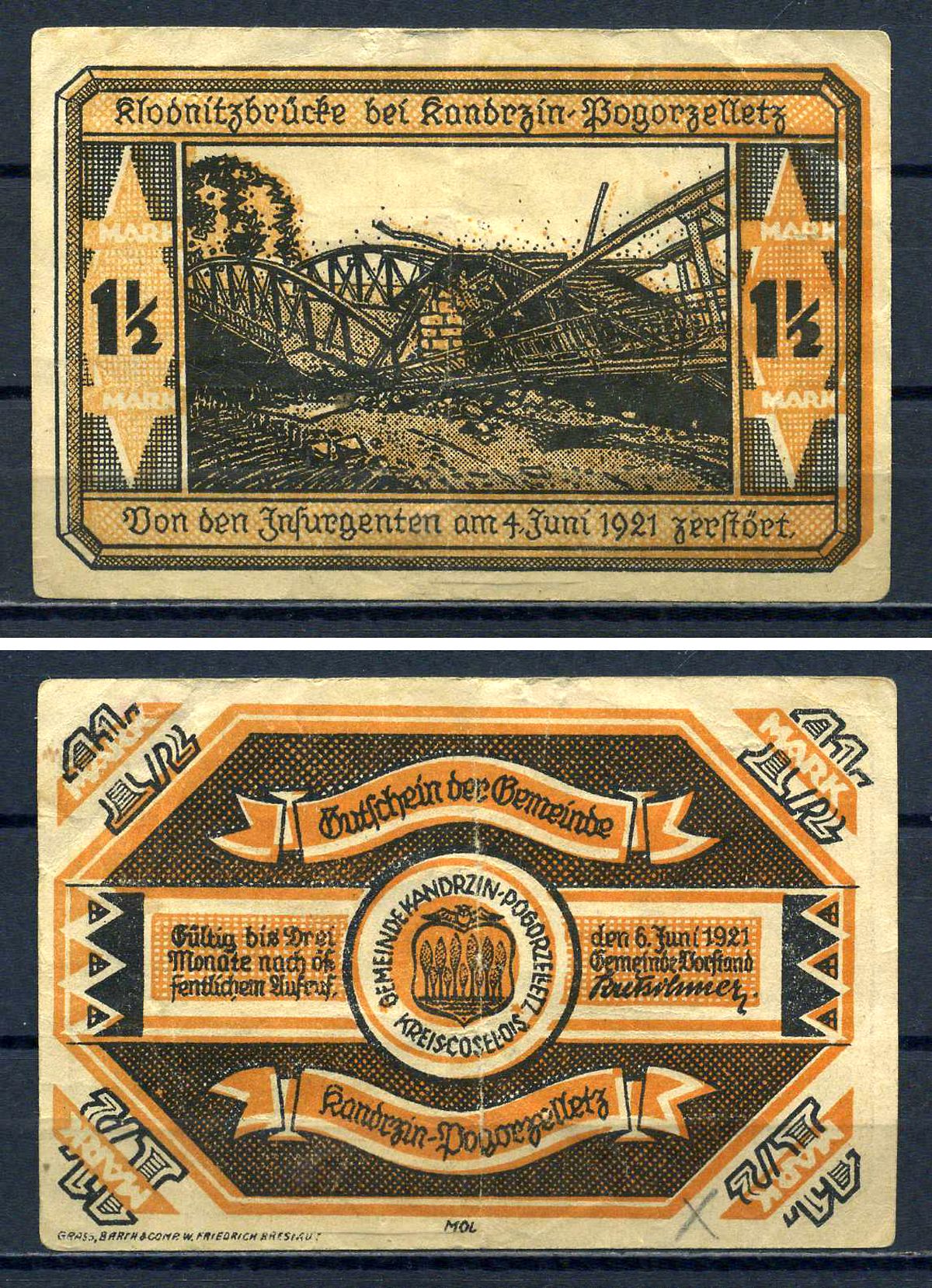 Кендзежин (Верхняя Силезия) 1 1/2 марки 1921 DeNG 1/2 0675.1-2/3 бумага 7556-32-3-2