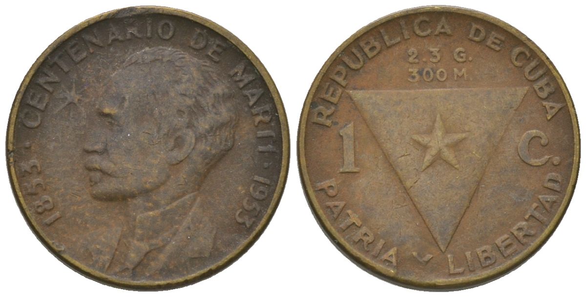 Куба 1 сентаво 1953 100 лет со дня рождения Хосе Марти KM 26, JMA 7, Y 20, Schoen 24 латунь 4611-1216
