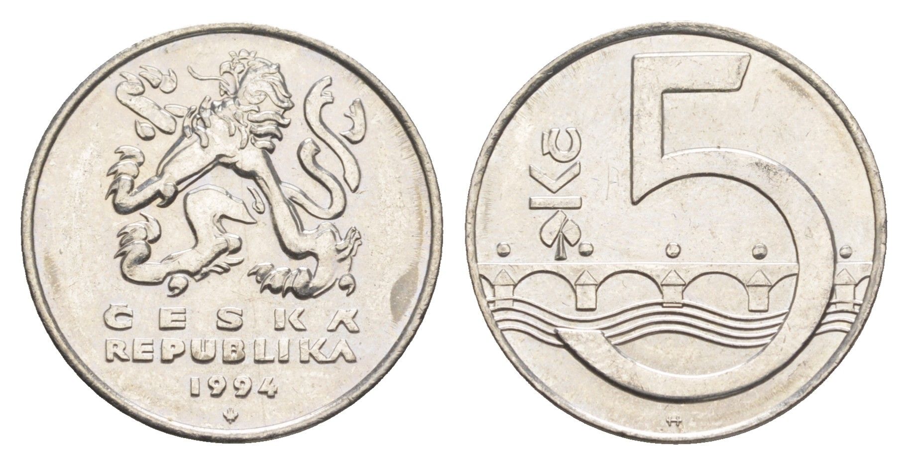 Чехия 5 крон 1994 чешский лев, Карлов мост KM 8 сталь плакированная никелем UNC 4652-1051