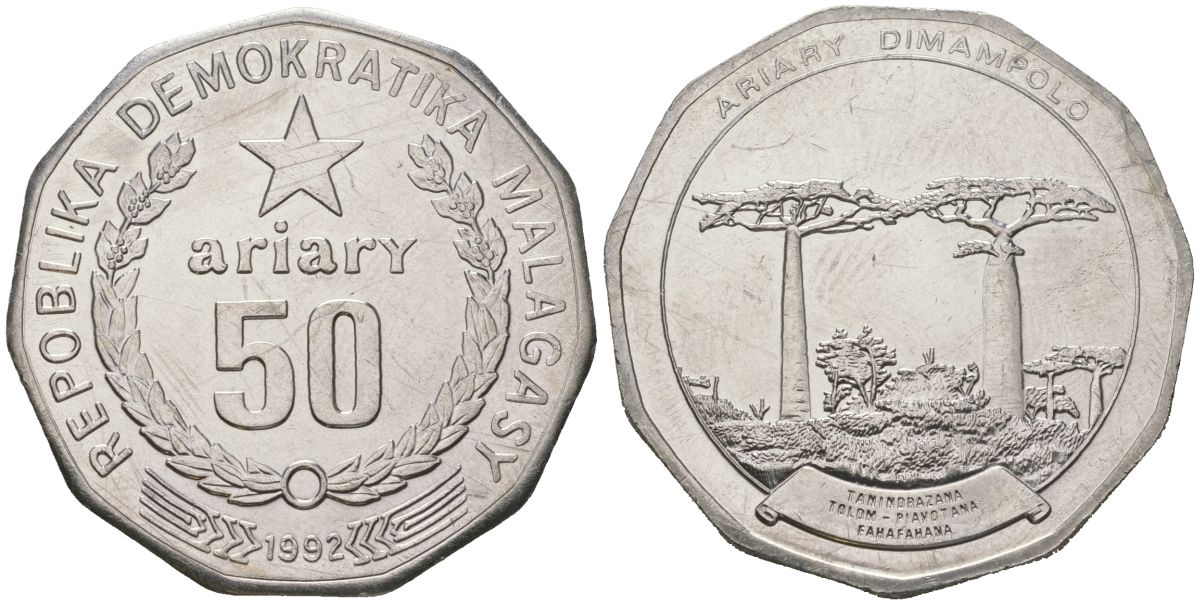 Мадагаскар 50 ариари 1992 ФАО, Малагаси KM 20 сталь плакированная никелем UNC 4593-914