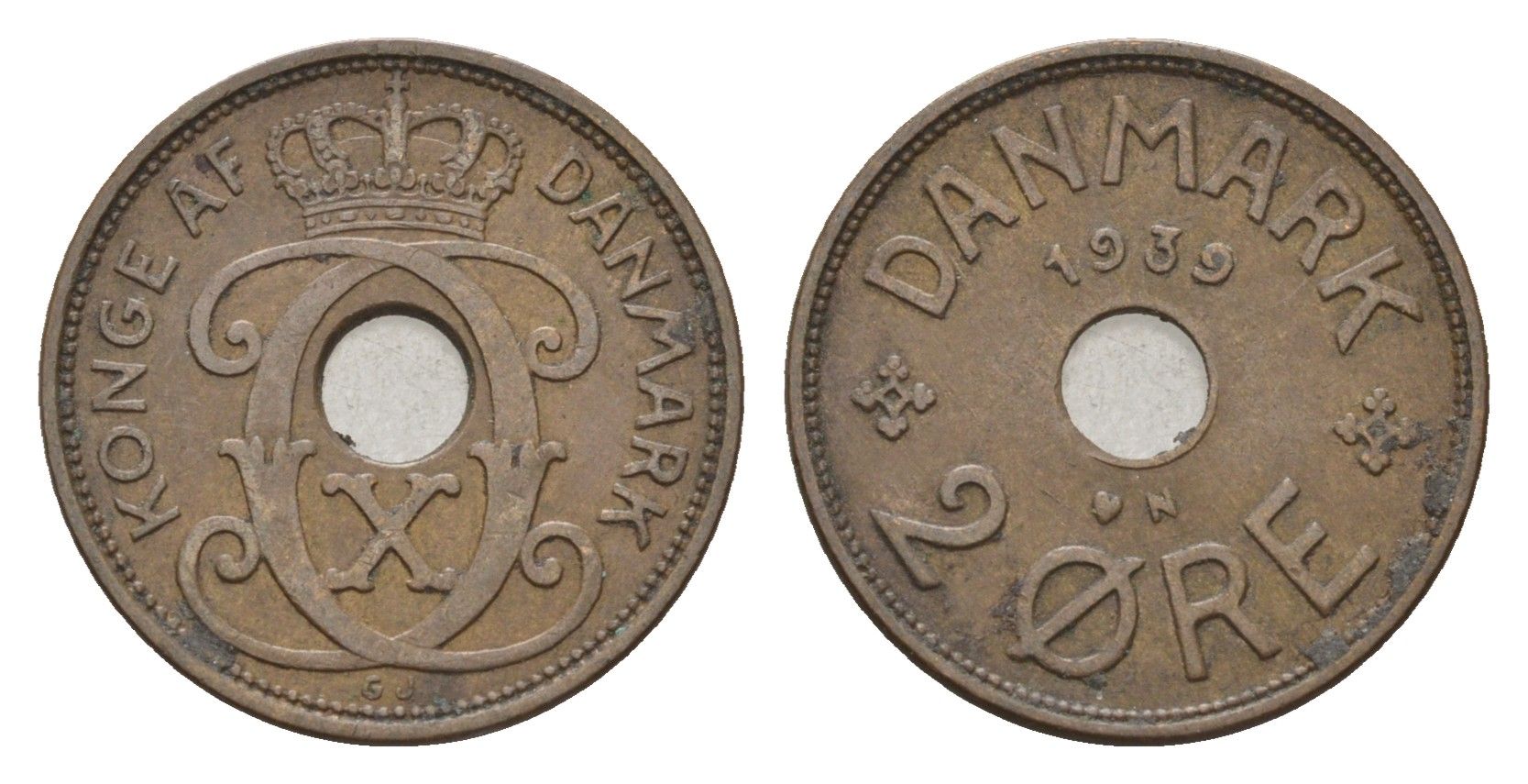 Дания 2 эре 1939 N, Кристиан X (1912-1947) KM 827 бронза 4701-914