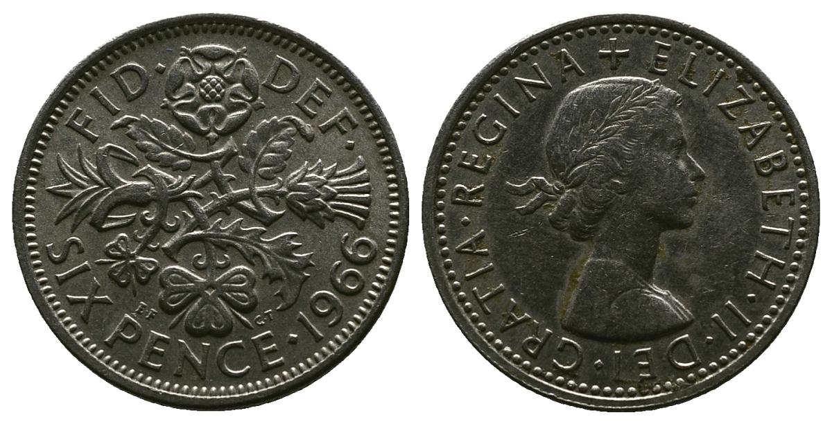 Великобритания 6 пенсов 1966 Елизавета II (1952-2022) KM 903, Spink 4149 медно-никель 4381-848