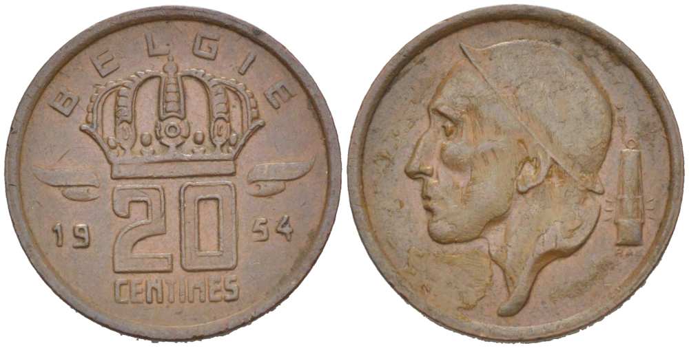 БЕЛЬГИЯ 20 САНТИМОВ 1954 BELGIE KM 147.1 бронза 218-1216
