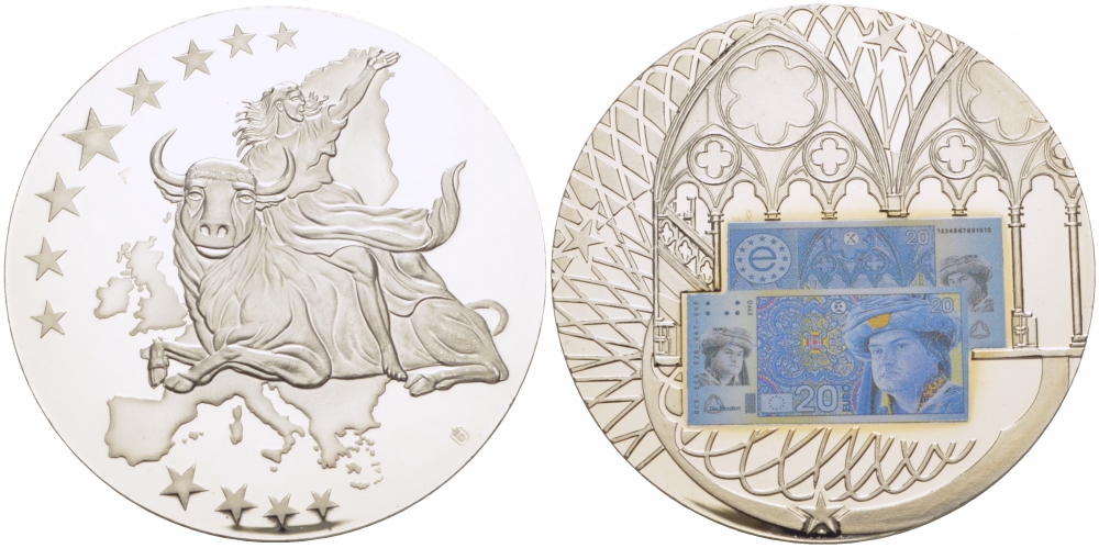 НИДЕРЛАНДЫ МЕДАЛЬ 2002 ПОХИЩЕНИЕ ЕВРОПЫ, КУПЮРА 20 ЕВРО ЕВРОПРОБА, СЕРЕБРЕНИЕ, ЦВЕТНАЯ ЭМАЛЬ, ДИАМЕТР 50 ММ. ВЕС 54 ГР. медно-никель PROOF 01-240-53