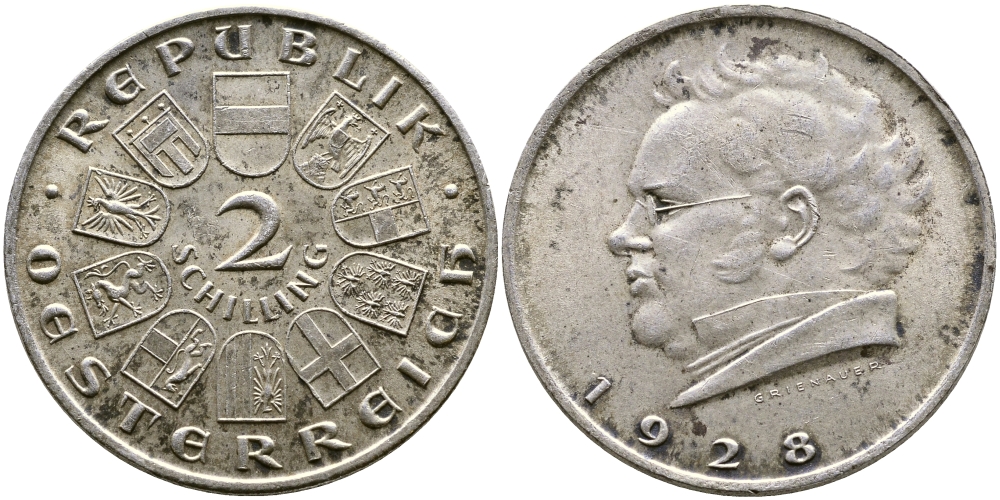 Австрия 2 шиллинга 1928 100 лет со дня смерти Франца Шуберта KM 2843 серебро 08-832