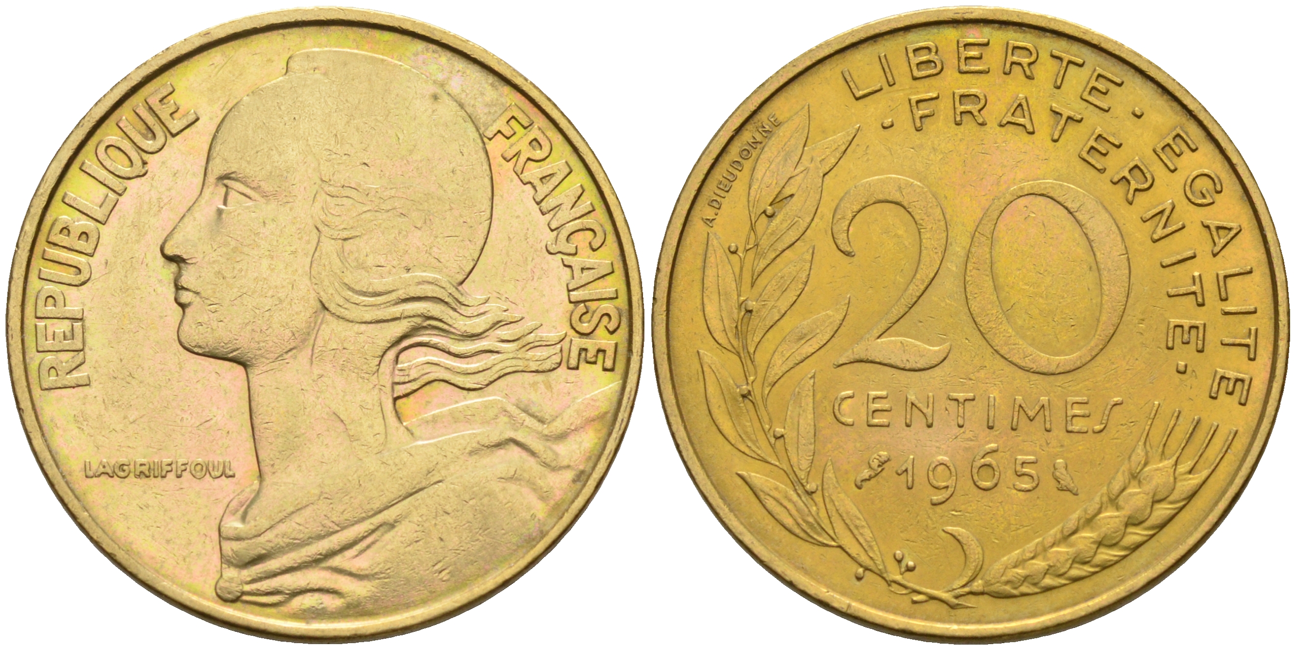 Франция 20 сантимов 1965 тип Марианна KM 930 медь алюминий никель 4116-515
