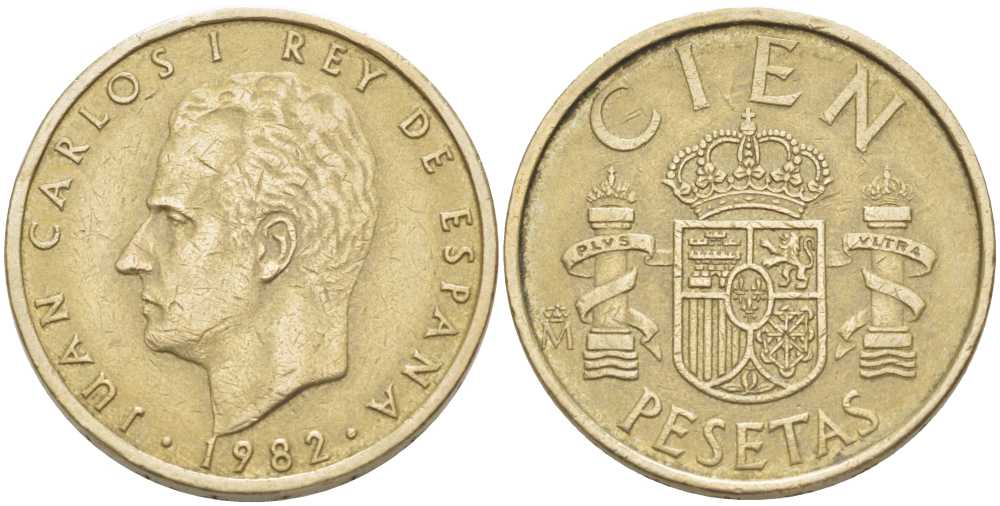 ИСПАНИЯ 100 ПЕСЕТ 1982 ХУАН КАРЛОС I (1975-) KM 826 алюминиевая бронза 180-1243