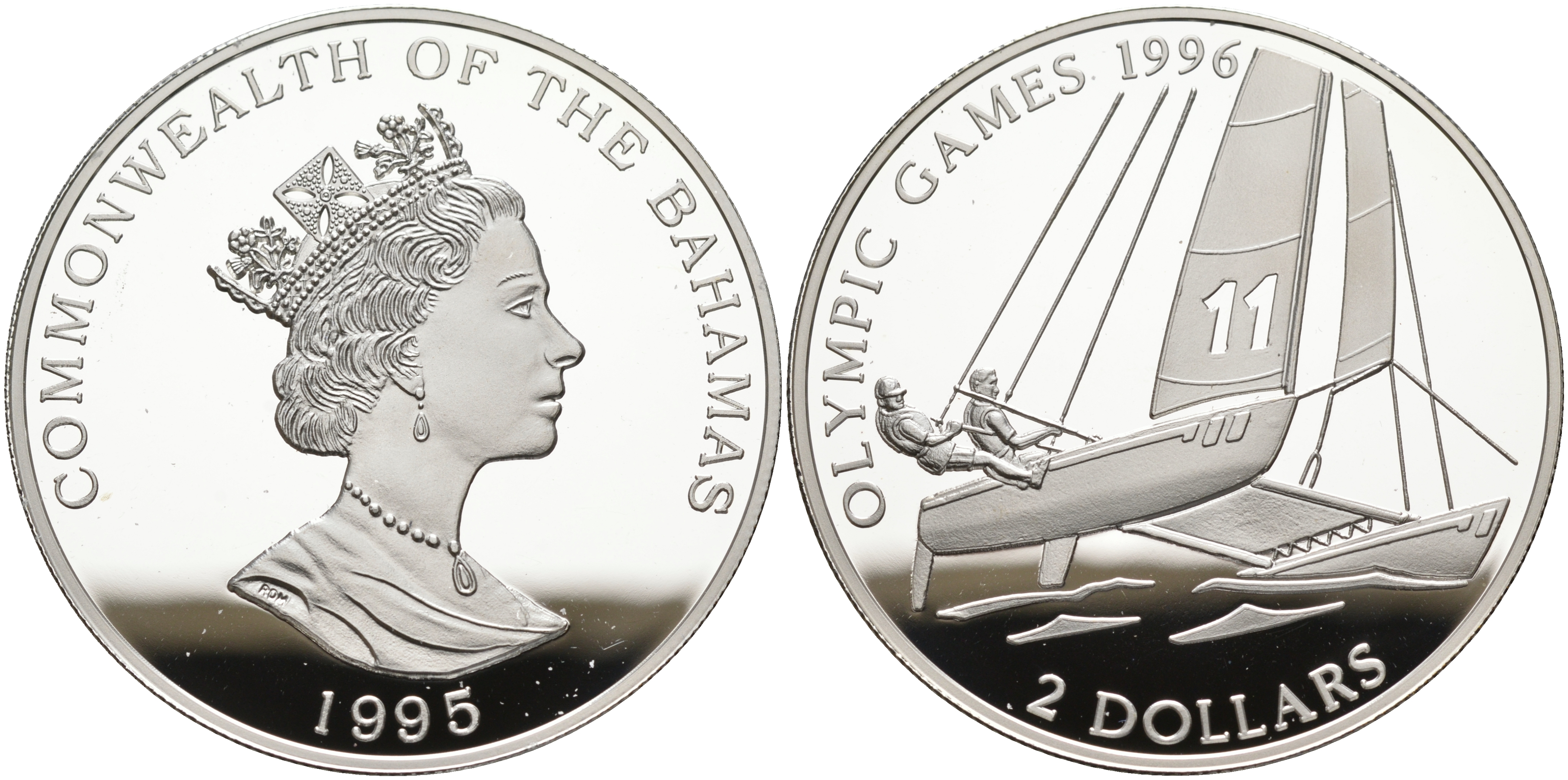 Багамские острова 2 доллара 1995 XXVI Олимпийские игры в Атланте, регата на катамаранах KM 183.2 серебро PROOF 01-167-35