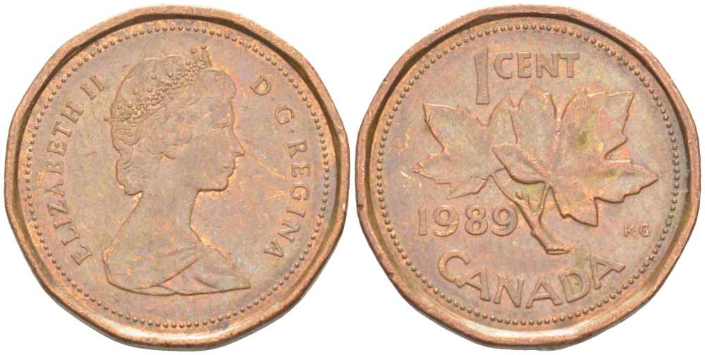 Канада 1 цент 1989 Елизавета II (1952-2022), кленовый лист KM 132 бронза 99-948