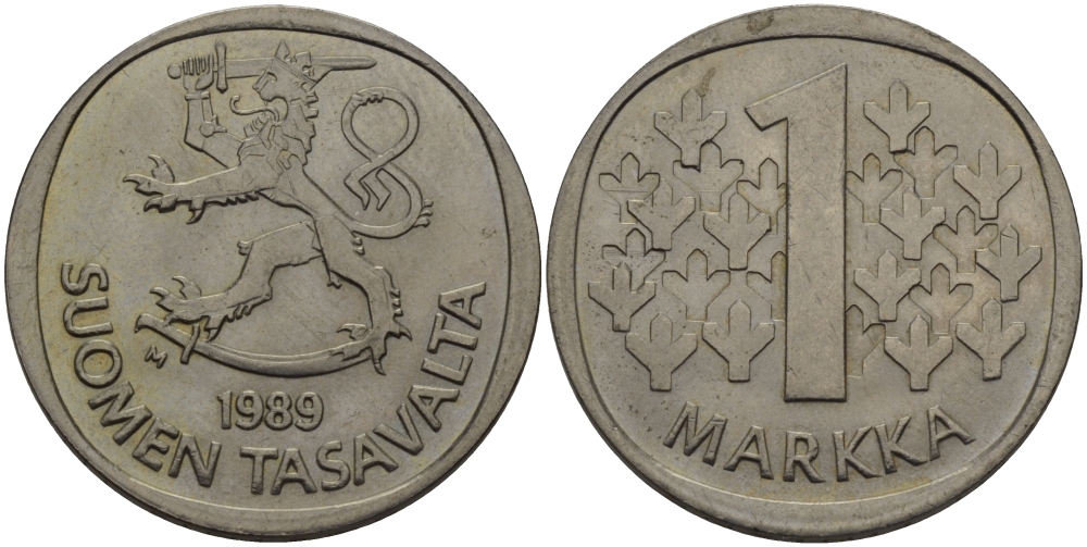 ФИНЛЯНДИЯ 1 МАРКА 1989 М KM 49а медно-никель 28-155