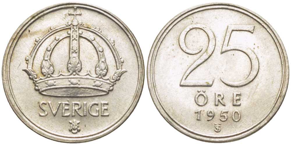 Швеция 25 эре 1950 TS, Густав V (1907-1950) KM 816 серебро 116-1149