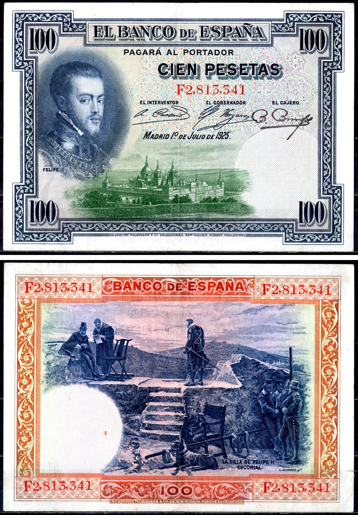 Испания 100 песет 1925 1 июля, Филипп II (1556-1598), стул Филиппа II, Эль Эскориал Pick 69 c (1) бумага 402-27-1-1