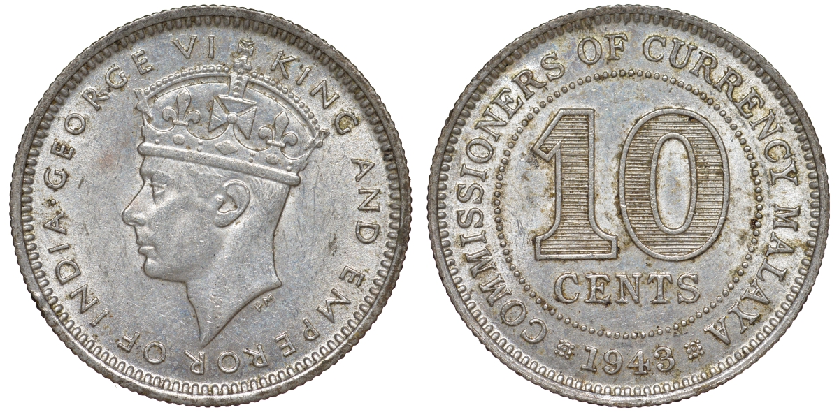 Британская Малайя 10 центов 1943 Георг VI (1937-1952) KM 4a серебро 53-241