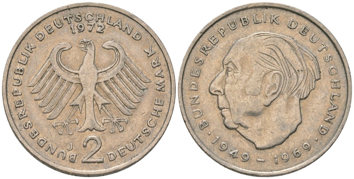 ФРГ 2 марки 1972 J, Теодор Хойс, 20 лет Федеративной Республике KM A127 медно-никель 4557-1143