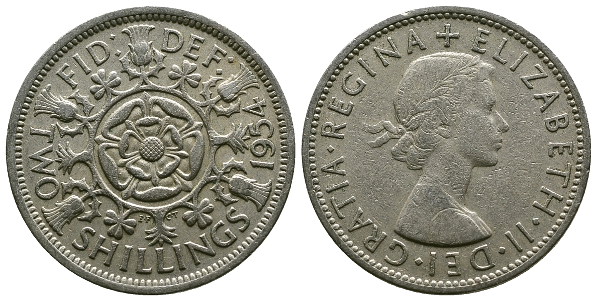 Великобритания 2 шиллинга (флорин) 1954 Елизавета II (1952-2022) KM 906, Spink 4146 медно-никель 4607-836
