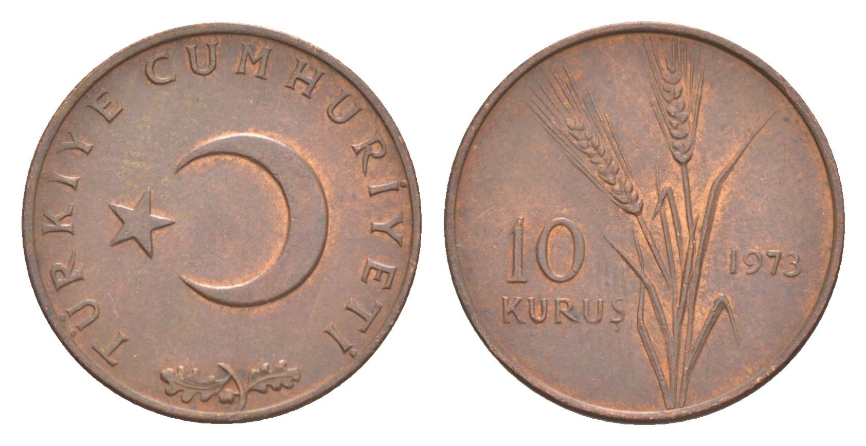 Турция 10 курушей 1973 KM 891.2 бронза UNC 4647-564