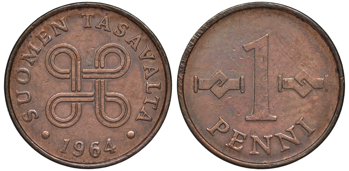 Финляндия 1 пенни 1964 KM 44 медь 3334-1026