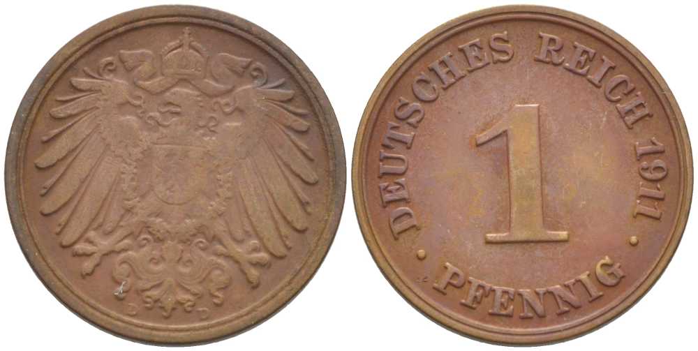 ГЕРМАНИЯ 1 ПФЕННИГ 1911 D KM 10, J. 10, Weege 2 медь 211-435