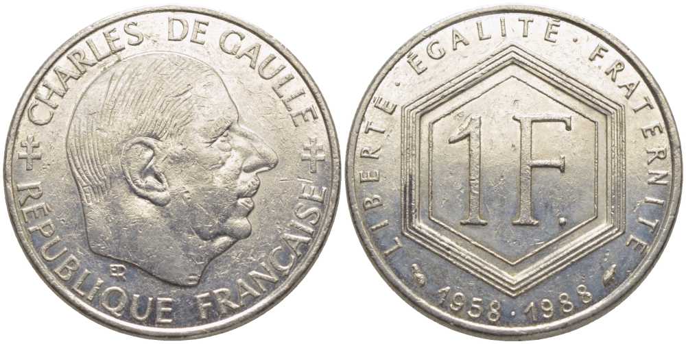 ФРАНЦИЯ 1 ФРАНК 1988 ШАРЛЬ ДЕ ГОЛЛЬ, 30 ЛЕТ РЕСПУБЛИКЕ KM 943, LA FRANC 227.2 никель 175-553