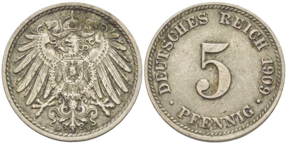 ГЕРМАНИЯ 5 ПФЕННИГОВ 1909 D KM 11, J. 12 медно-никель 105-141